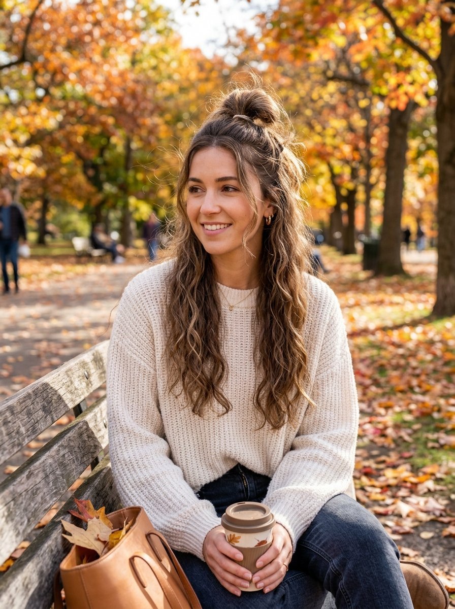 Young woman with half-up wavy hair wearing a cream sweater sitting on a park bench during fall foliage.