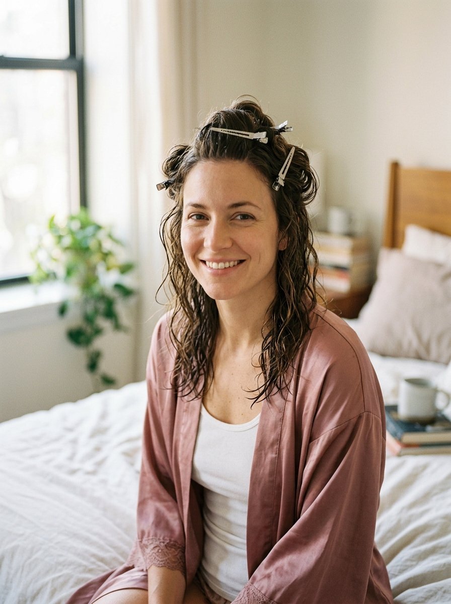 Woman with wet hair and metal clips sitting on a bed wearing a pink silk robe.