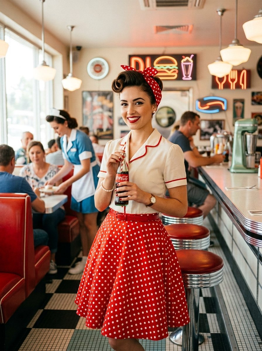 A woman in a red polka dot skirt and matching hair bow holding a glass Coca-Cola bottle inside a 1950s style diner.