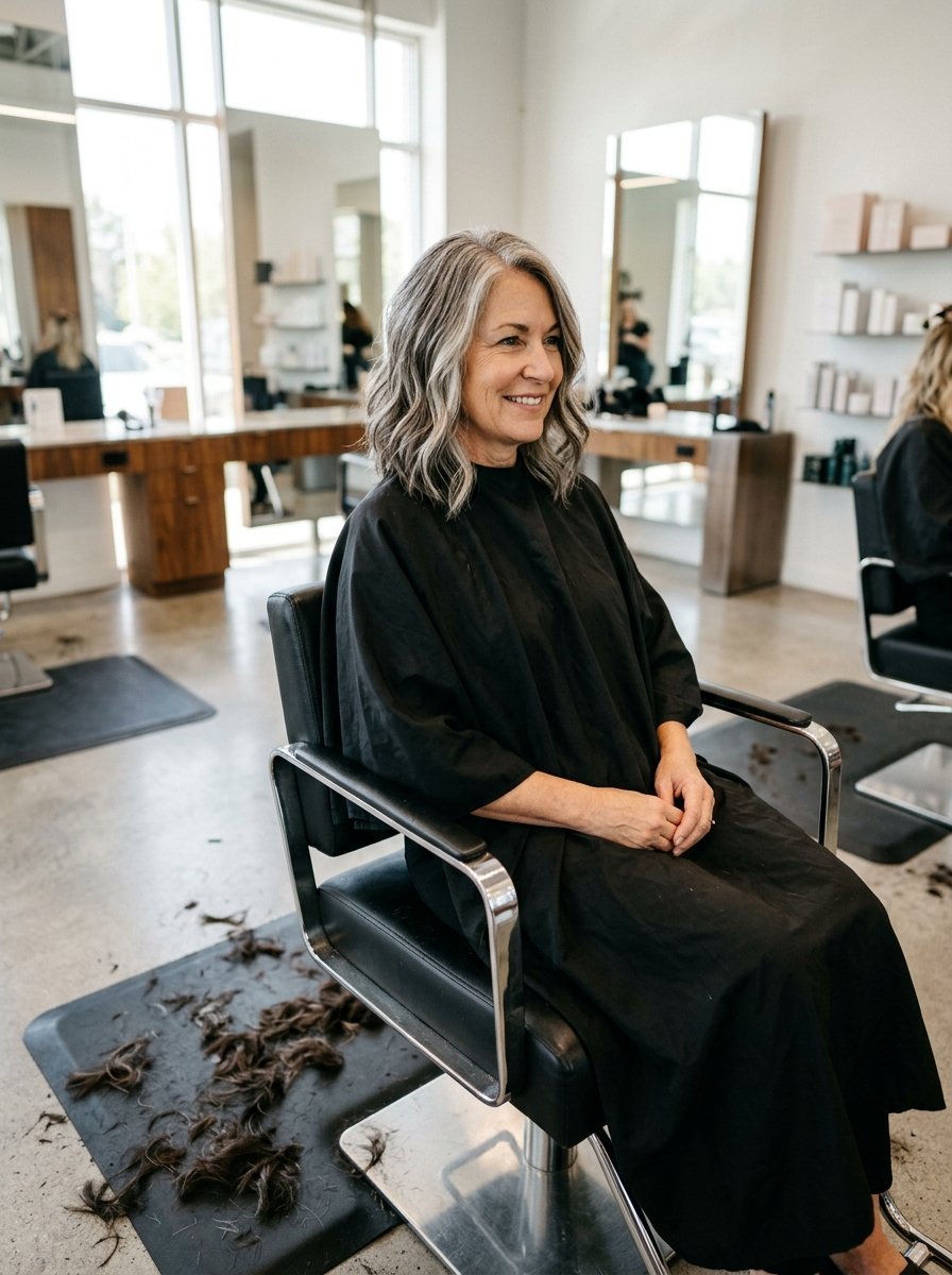 A woman with wavy grey hair wearing a black salon cape while sitting in a chair with hair clippings on the floor.
