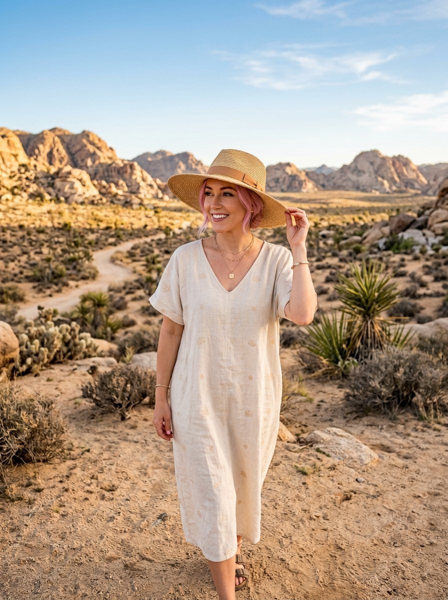 A woman with pink hair in a beige dress and straw hat stands in a sandy desert landscape with rocky mountains.