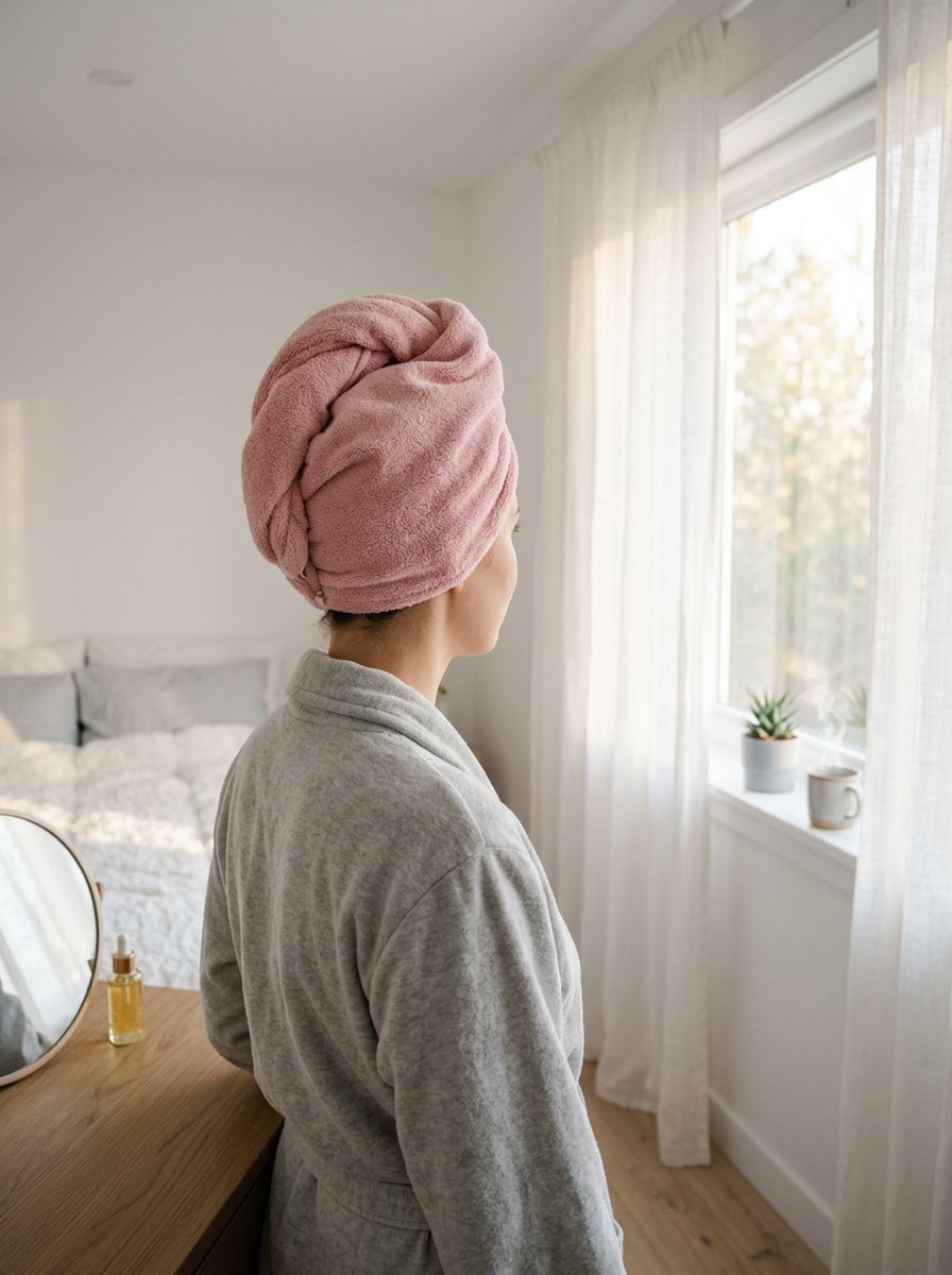 A person standing by a window with a pink hair towel wrap and a cozy grey robe.