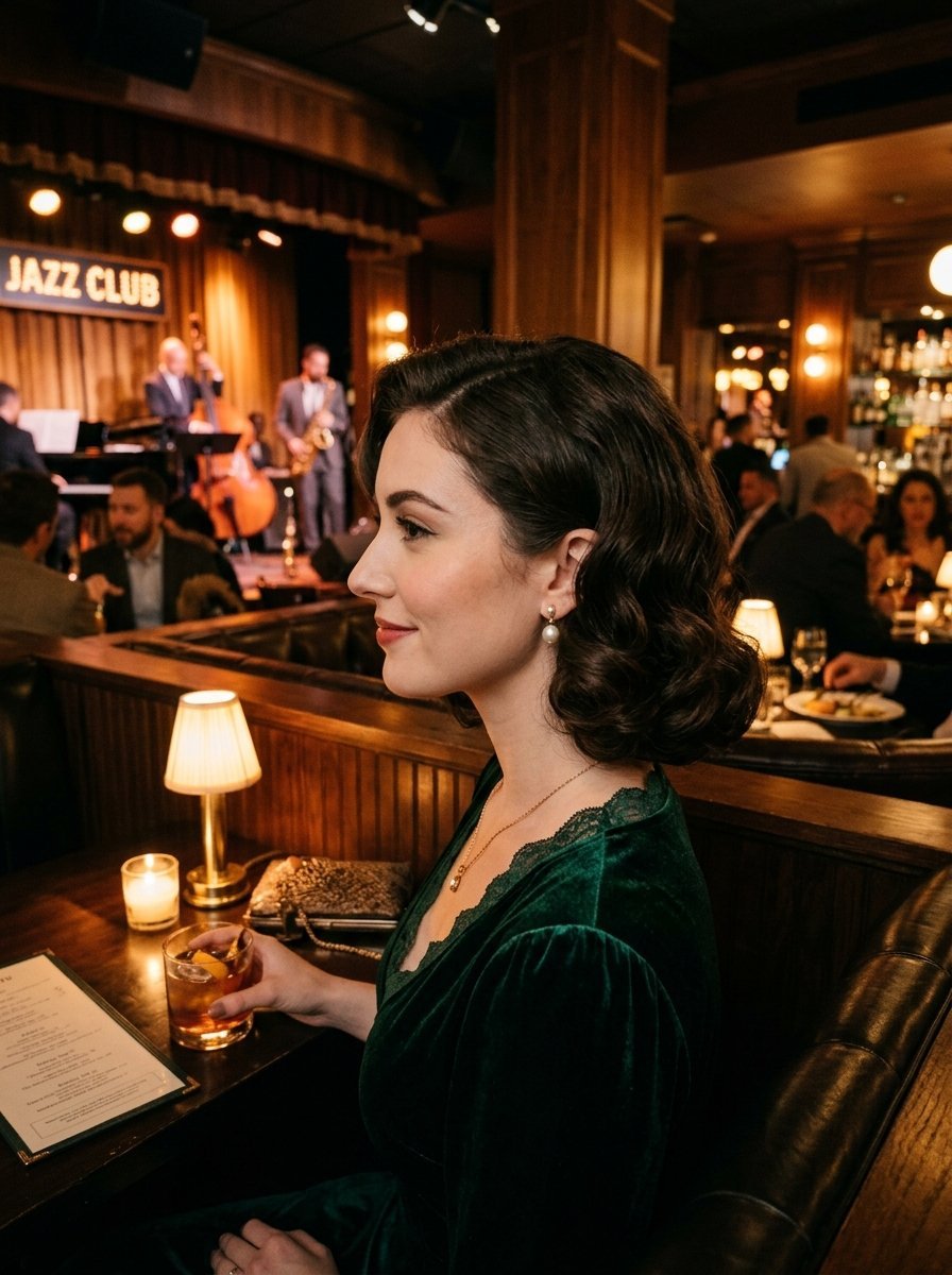 A woman in a green velvet dress sits at a booth in a jazz club holding an old fashioned cocktail.