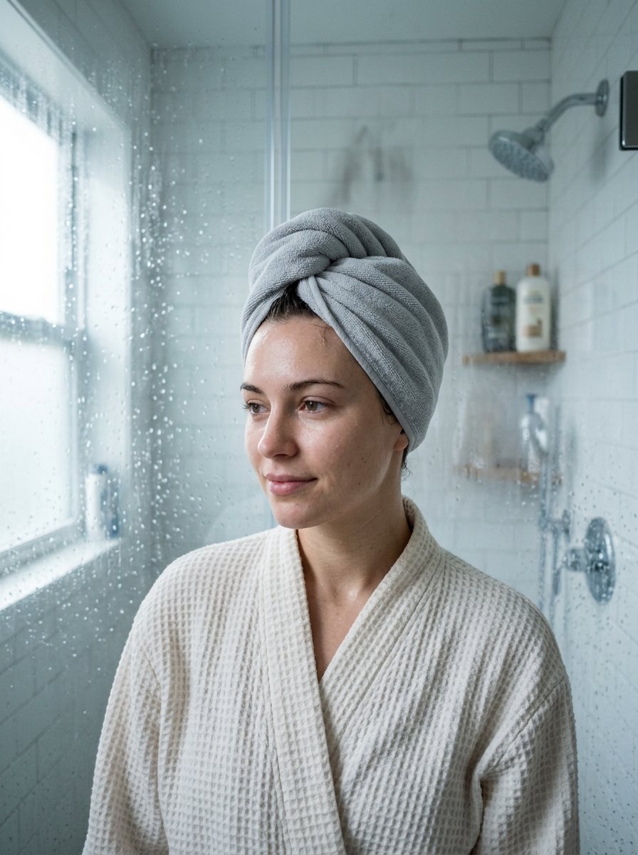 Young woman in a textured white robe and grey head towel standing in a glass shower stall.