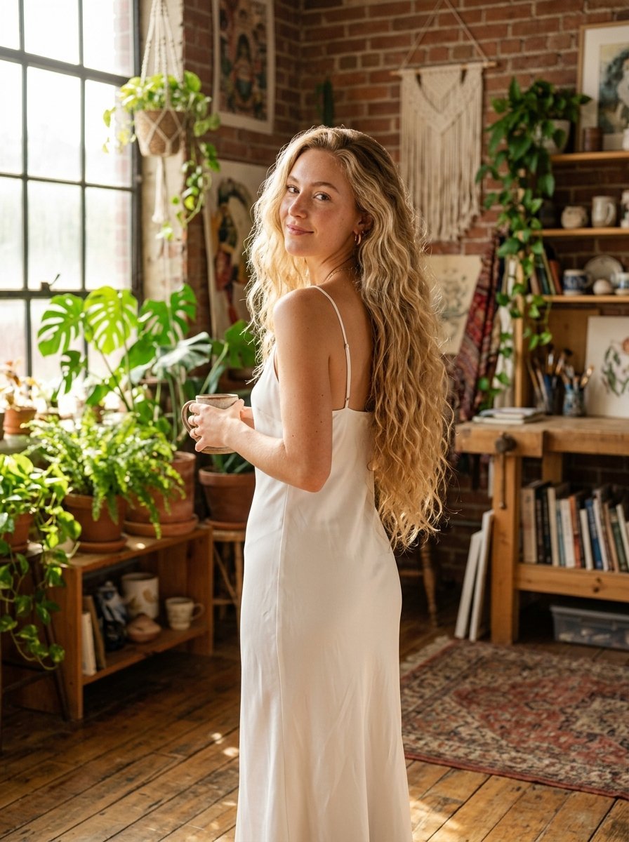 A blonde woman in a white slip dress standing in a sunny, plant-filled room with brick walls.
