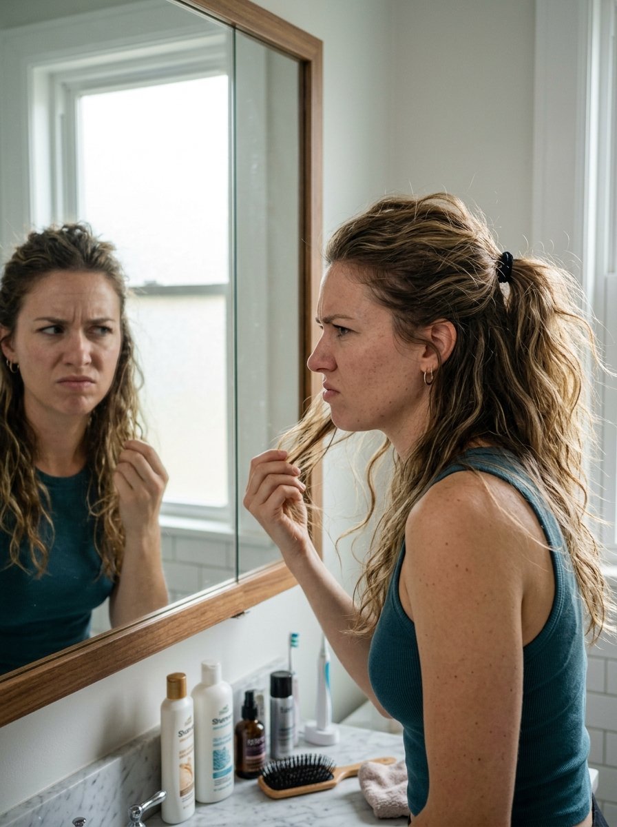 A woman with wavy hair looking at her reflection with a skeptical expression while holding a strand of hair.