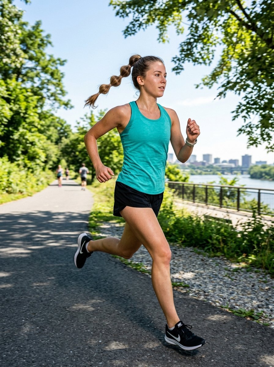 A female runner in a teal tank top sprinting on an outdoor paved trail near a river.