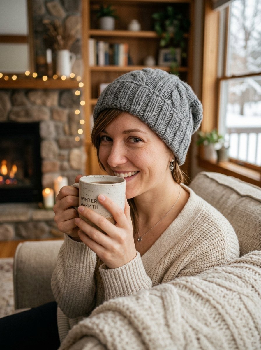 Smiling woman in a grey cable knit beanie holding a ceramic mug that says Winter Warmth while sitting on a couch.