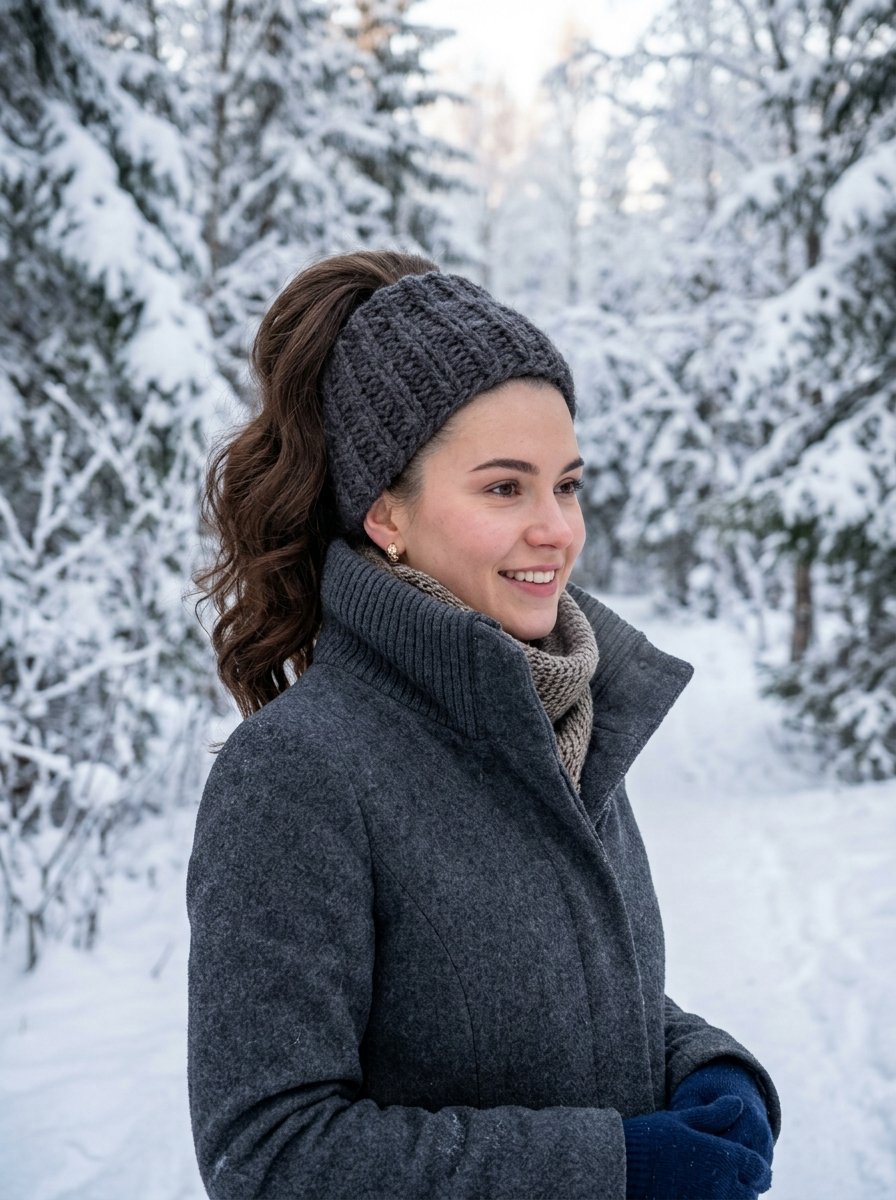 Young woman with a high ponytail wearing a grey wool headband and winter coat in a snowy forest.