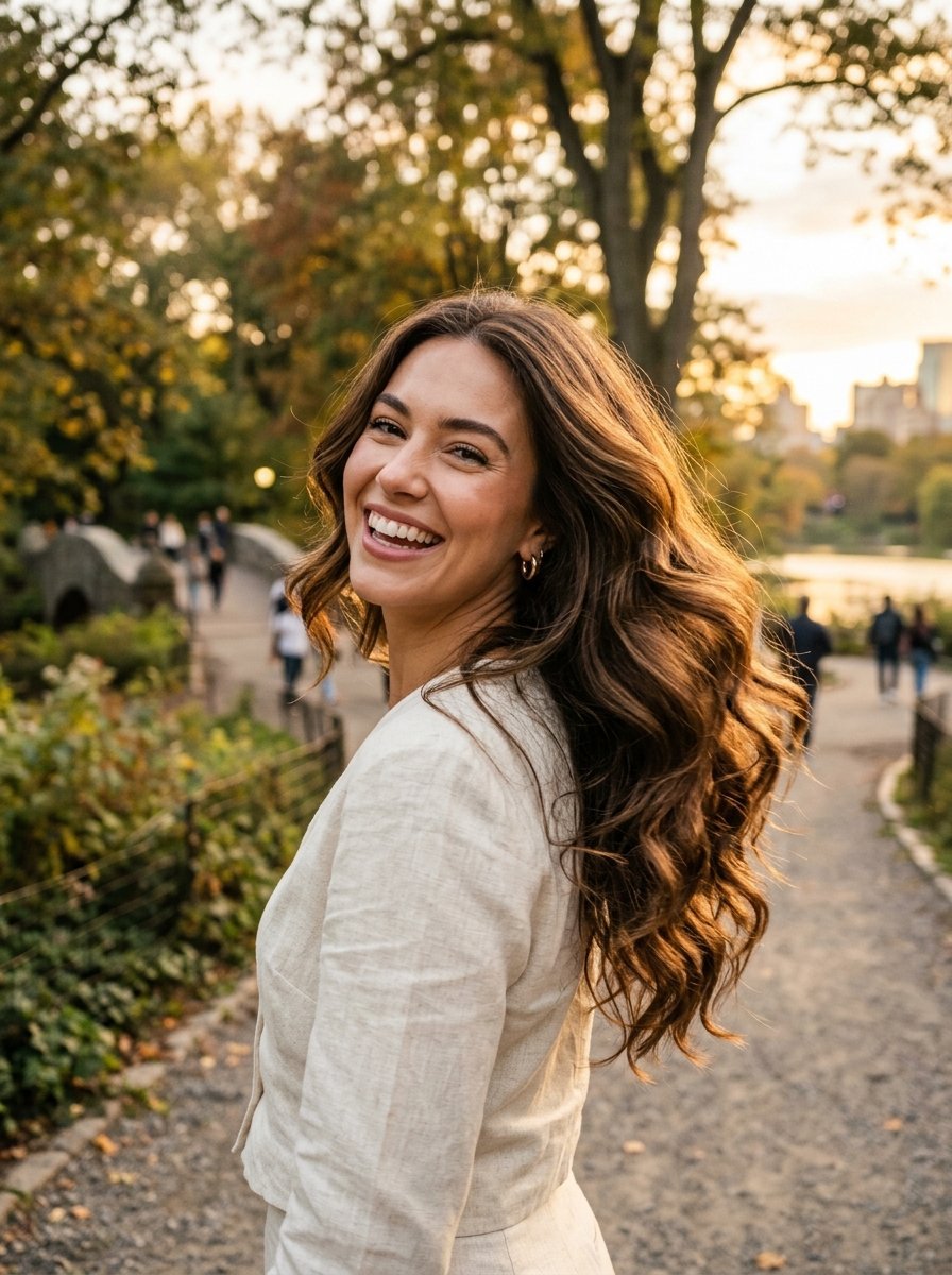 Portrait of a smiling woman in a beige blazer with long brown hair during a sunset walk in a park.
