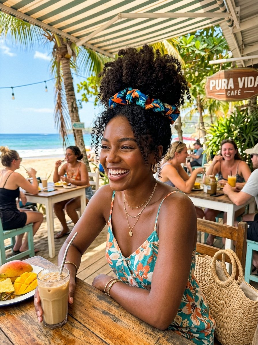 A woman with curly hair wearing a floral dress laughs at a table with iced coffee near the ocean.