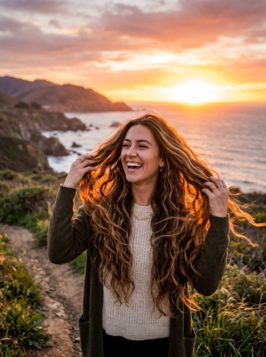 A smiling young woman with long wavy hair standing on a coastal cliff during a golden hour sunset.