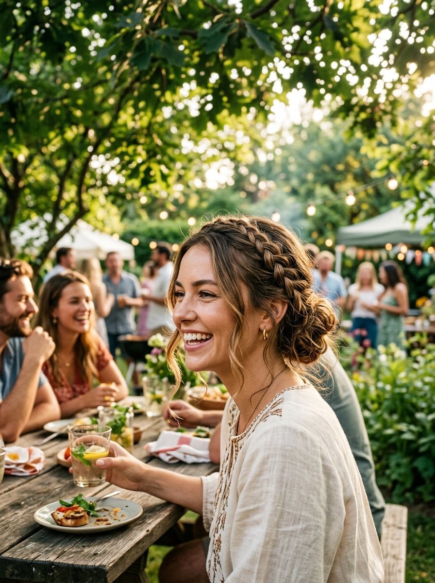 Close-up of a smiling woman with a braided hairstyle holding a drink at an outdoor gathering with friends.
