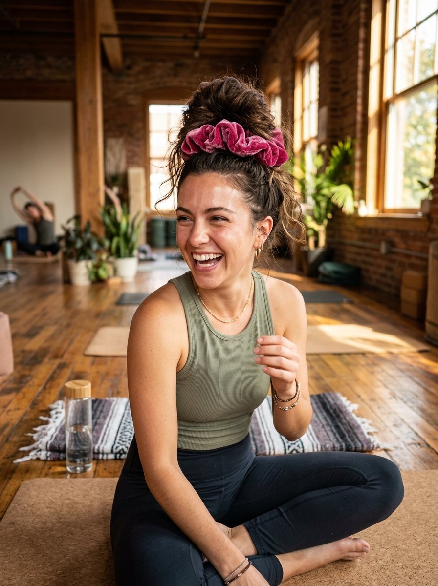 A joyful woman wearing a pink velvet scrunchie sits on a yoga mat in a sunny, wooden-floored studio.