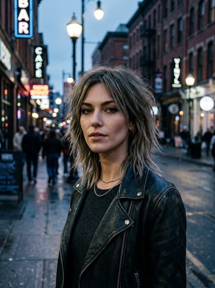 Close up portrait of a woman in a black leather jacket on a blurred urban street with glowing neon signs.