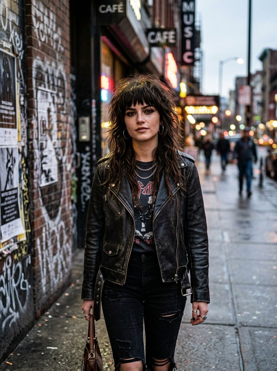 A woman with a textured shag haircut poses on a graffiti-covered city sidewalk at dusk.