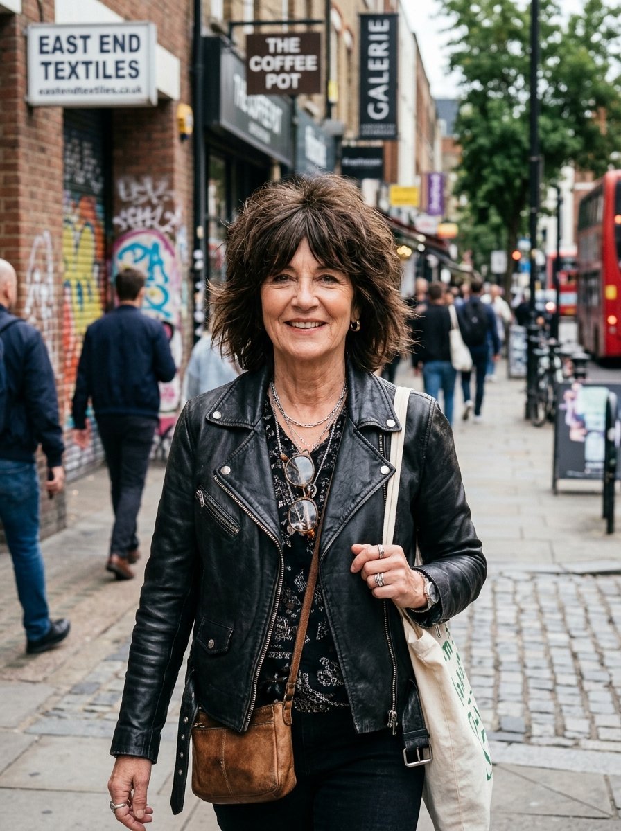 Middle-aged woman with shaggy brown hair wearing a leather jacket and crossbody bag walking on a busy urban street.