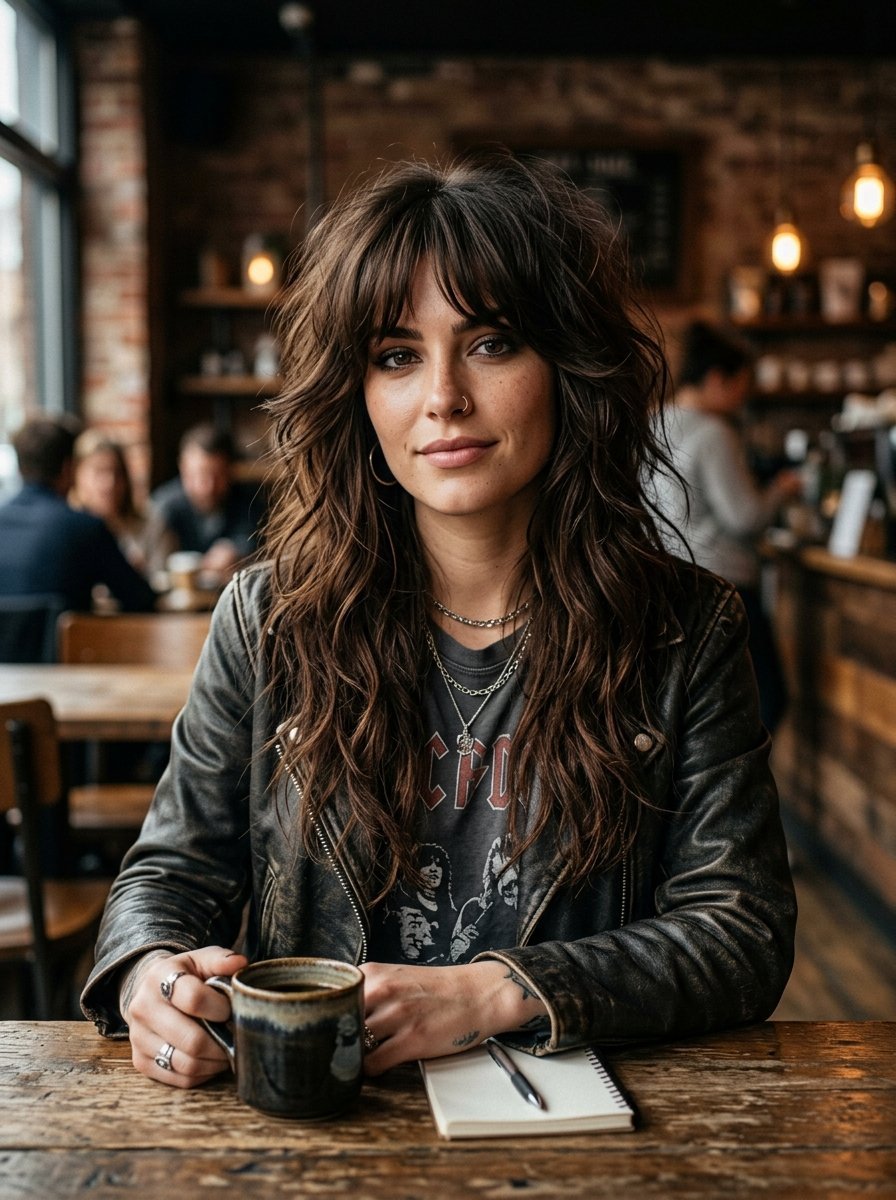 A brunette woman with wavy layered hair and a leather jacket sitting at a wooden table with a mug and a notebook.