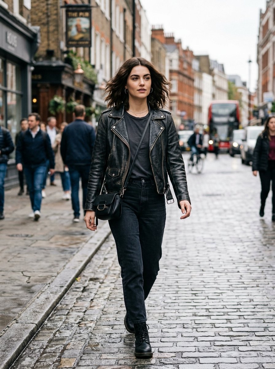 Young woman with wavy brown hair wearing a black leather jacket and jeans walking down a city street.