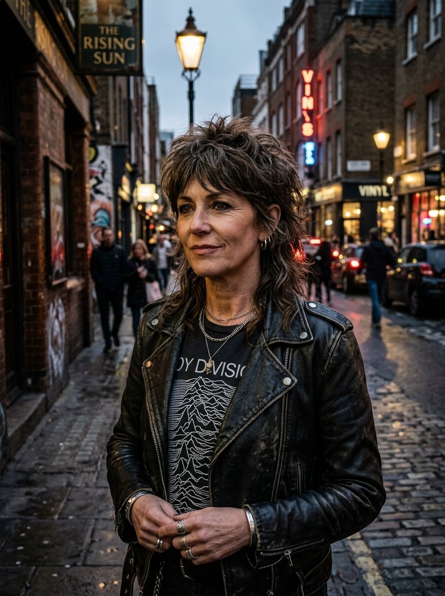 Middle-aged woman with a shaggy hairstyle wears a Joy Division shirt and leather jacket on a cobblestone city street.