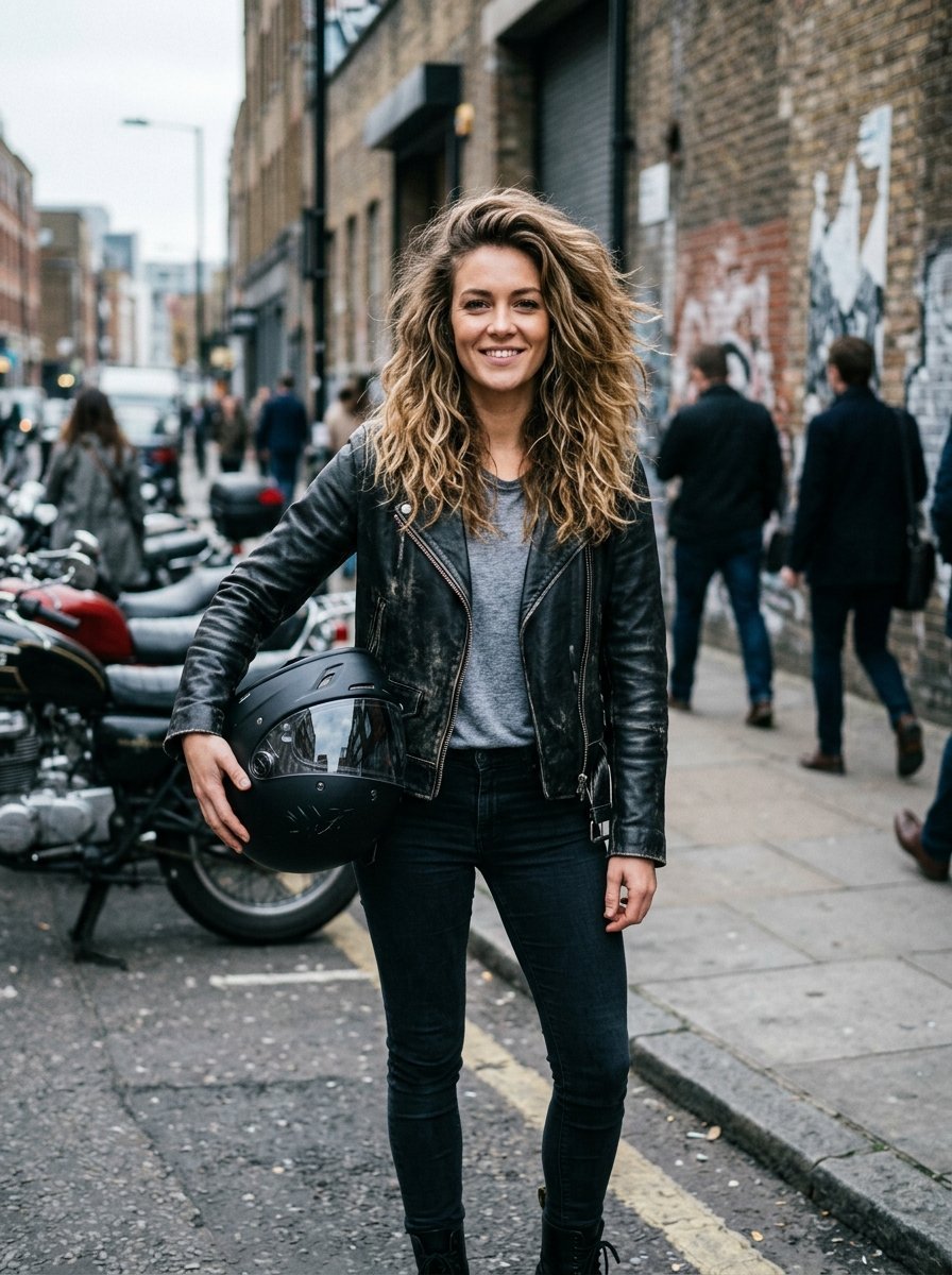 A woman with wavy blonde hair wearing a distressed leather jacket stands on a London street holding a helmet.