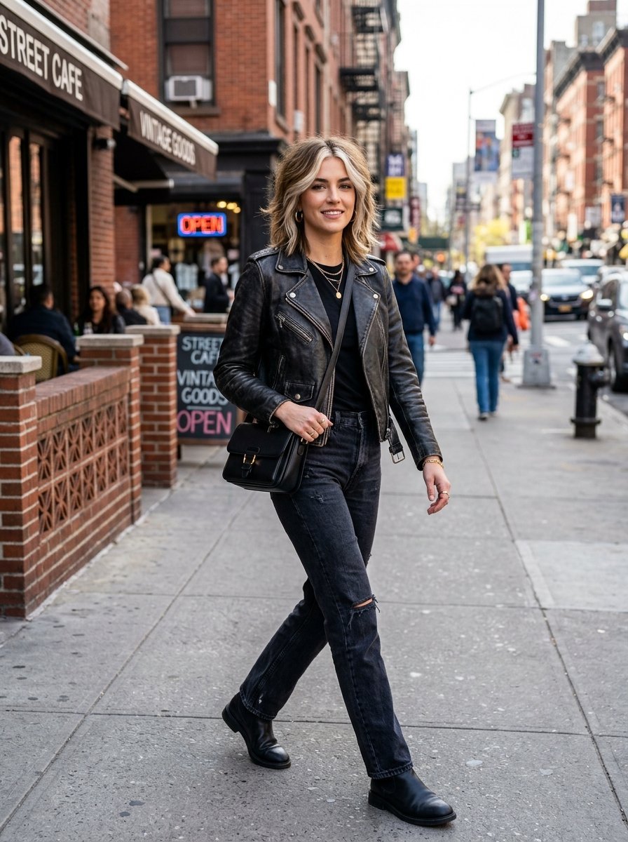Young woman with blonde highlights in a leather jacket and black jeans strolling on a New York city street.