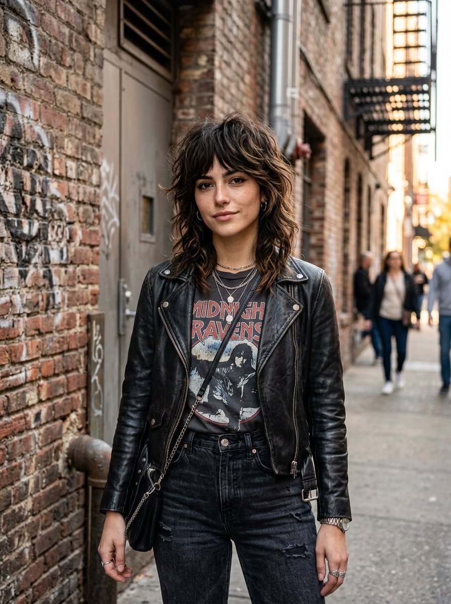 Young woman with a textured shag haircut wearing a black leather jacket and graphic band t-shirt in an urban alley.
