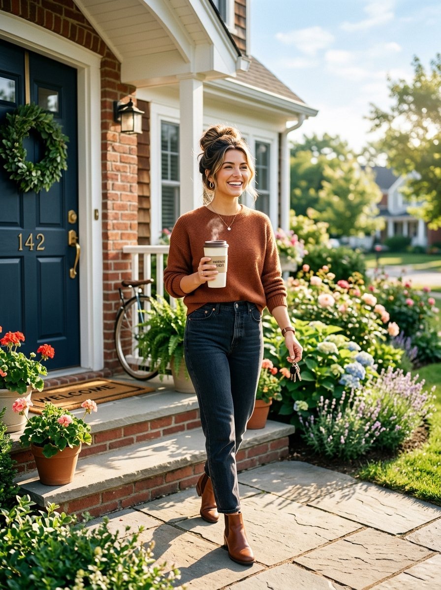 A smiling young woman in a rust sweater holds a steaming coffee cup while exiting a house with a blue front door.