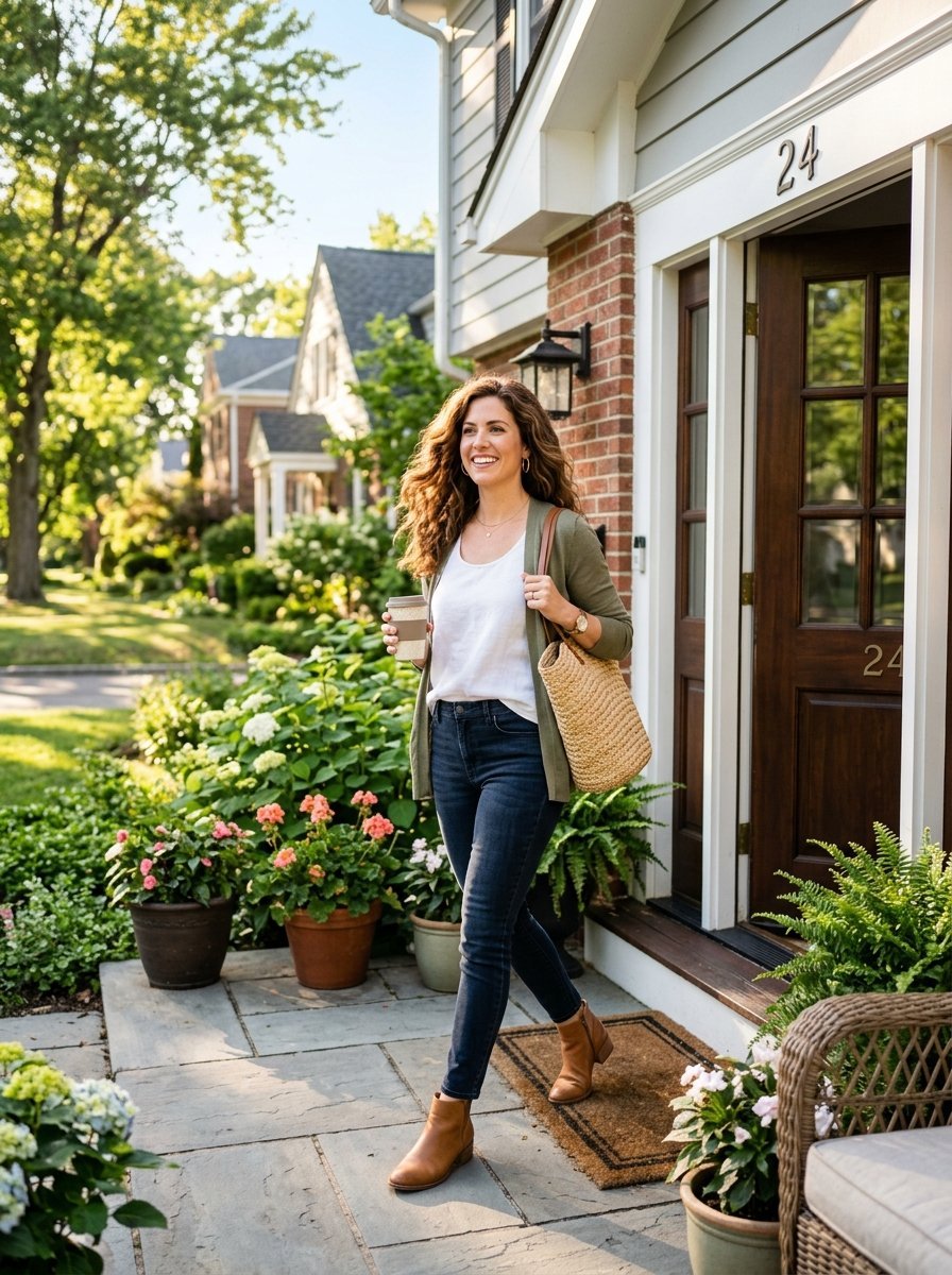 A smiling woman with curly hair walking off a suburban porch carrying a coffee cup and woven straw tote bag.