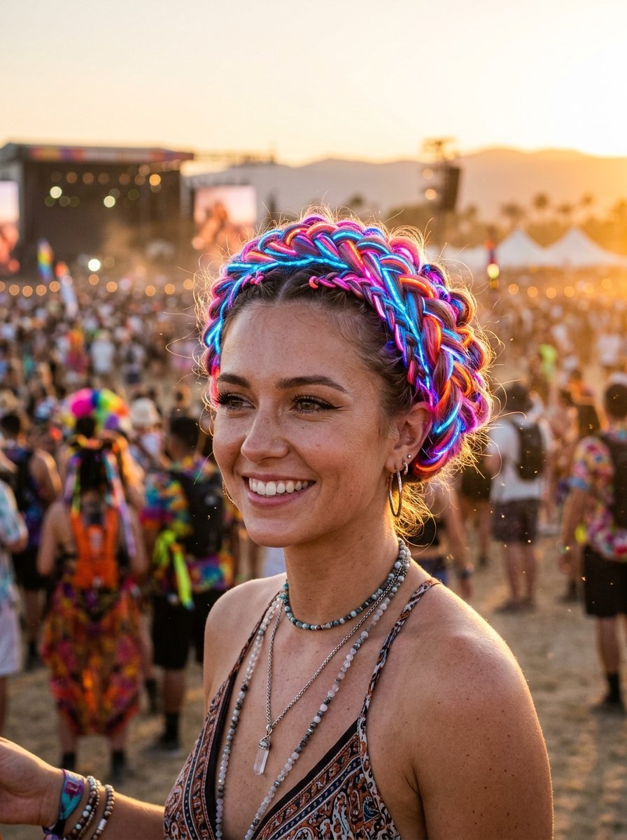 Close up of a woman with vibrant LED braided hair smiling in a crowded sunny music festival setting.