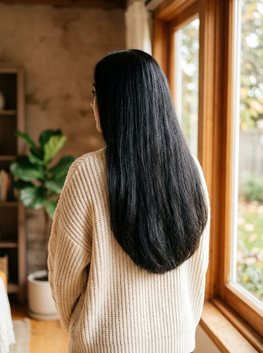 Back view of a person with straight black hair standing near a wooden window frame in a beige cable knit sweater.