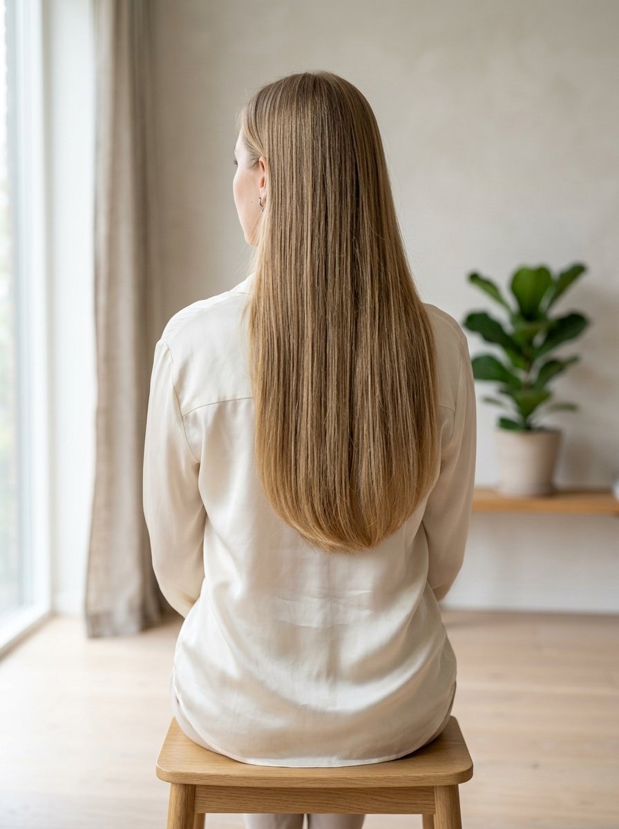 Back view of a person with straight blonde hair wearing a cream silk blouse sitting indoors near a plant.