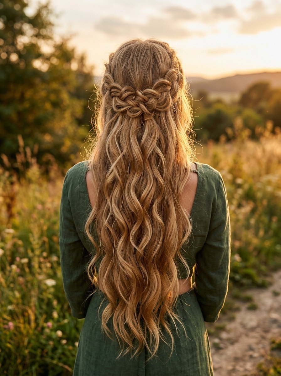 Back view of a woman with long blonde wavy hair featuring a crown braid at sunset in a grassy field.