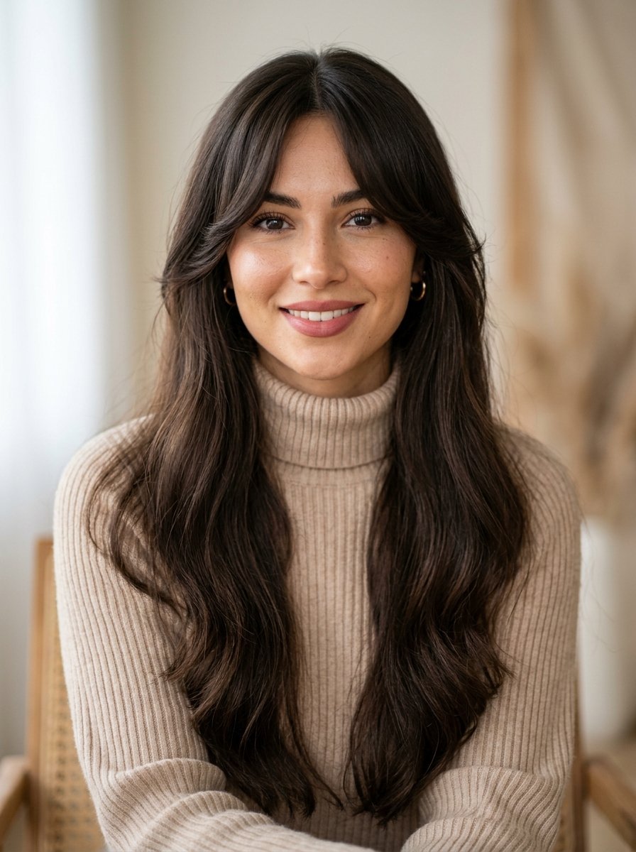Close-up portrait of a woman with middle-parted brown hair and a cream ribbed turtleneck top.