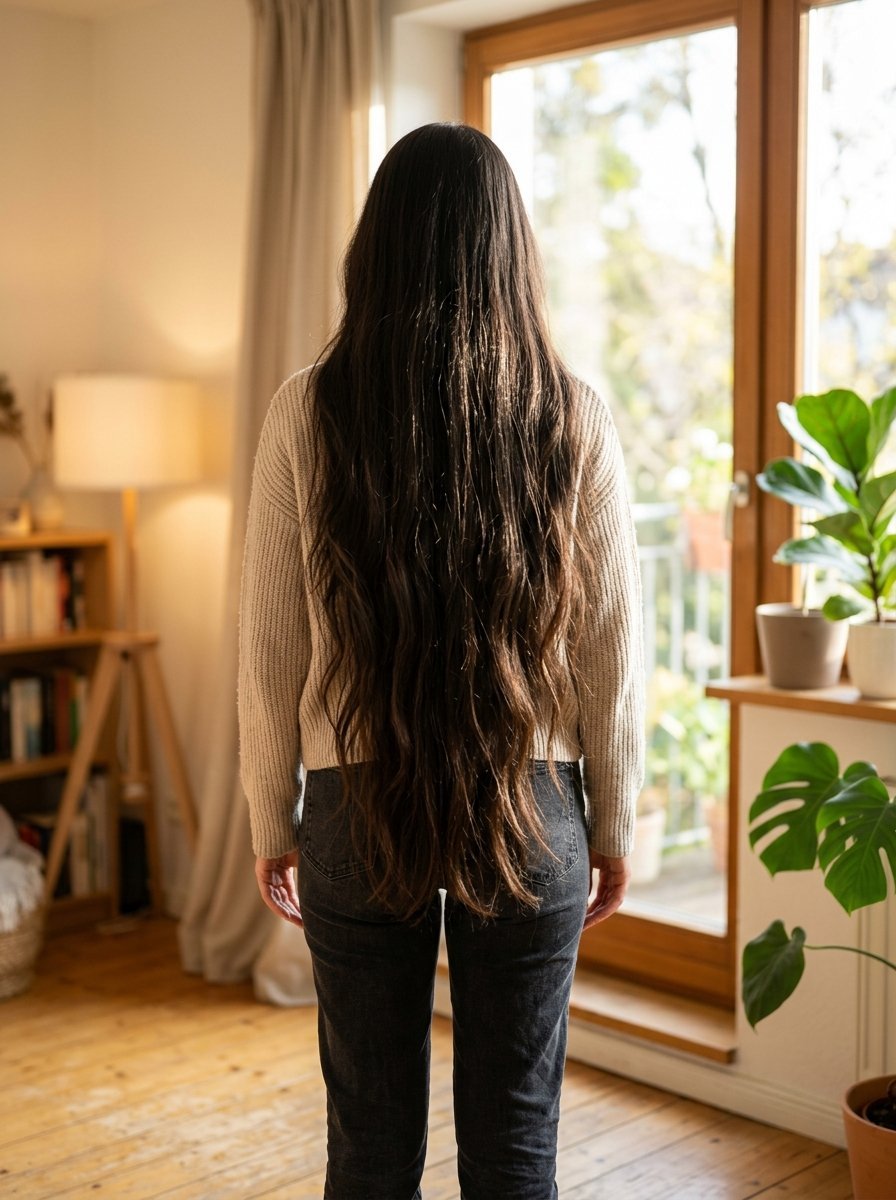 A person with long brunette hair seen from behind, wearing a beige sweater and dark jeans in a brightly lit room.