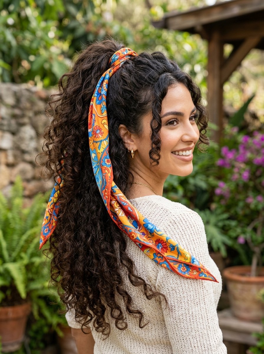 Portrait of a woman with dark curly hair wearing a vibrant orange floral hair ribbon in a garden setting.