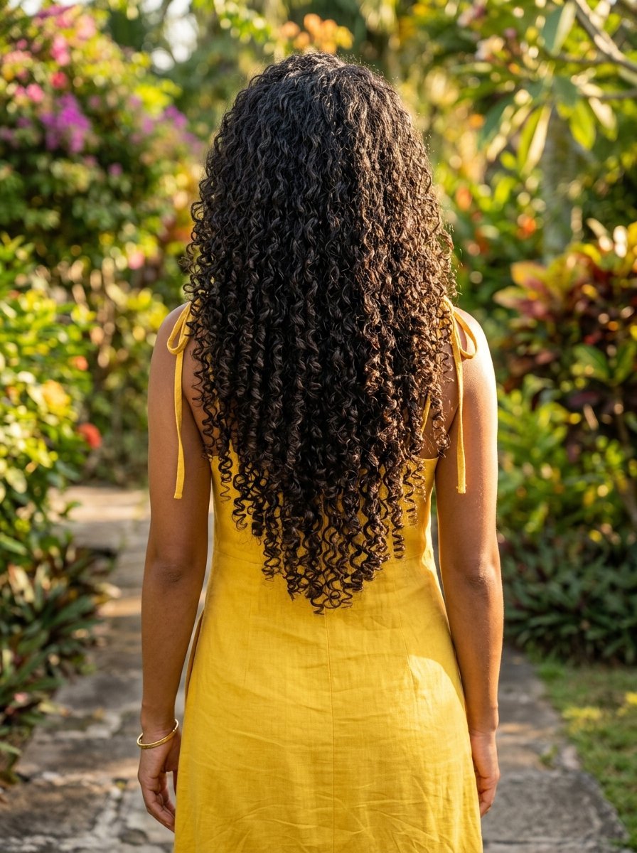 Back view of a person with dark, voluminous ringlets standing in a lush, sunny tropical garden.