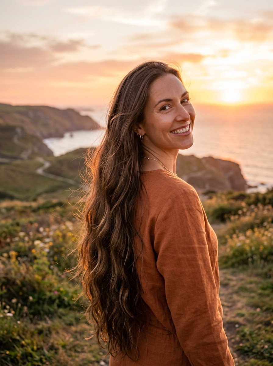 A woman with flowing brown hair standing on a cliffside overlooking the ocean at sunset.