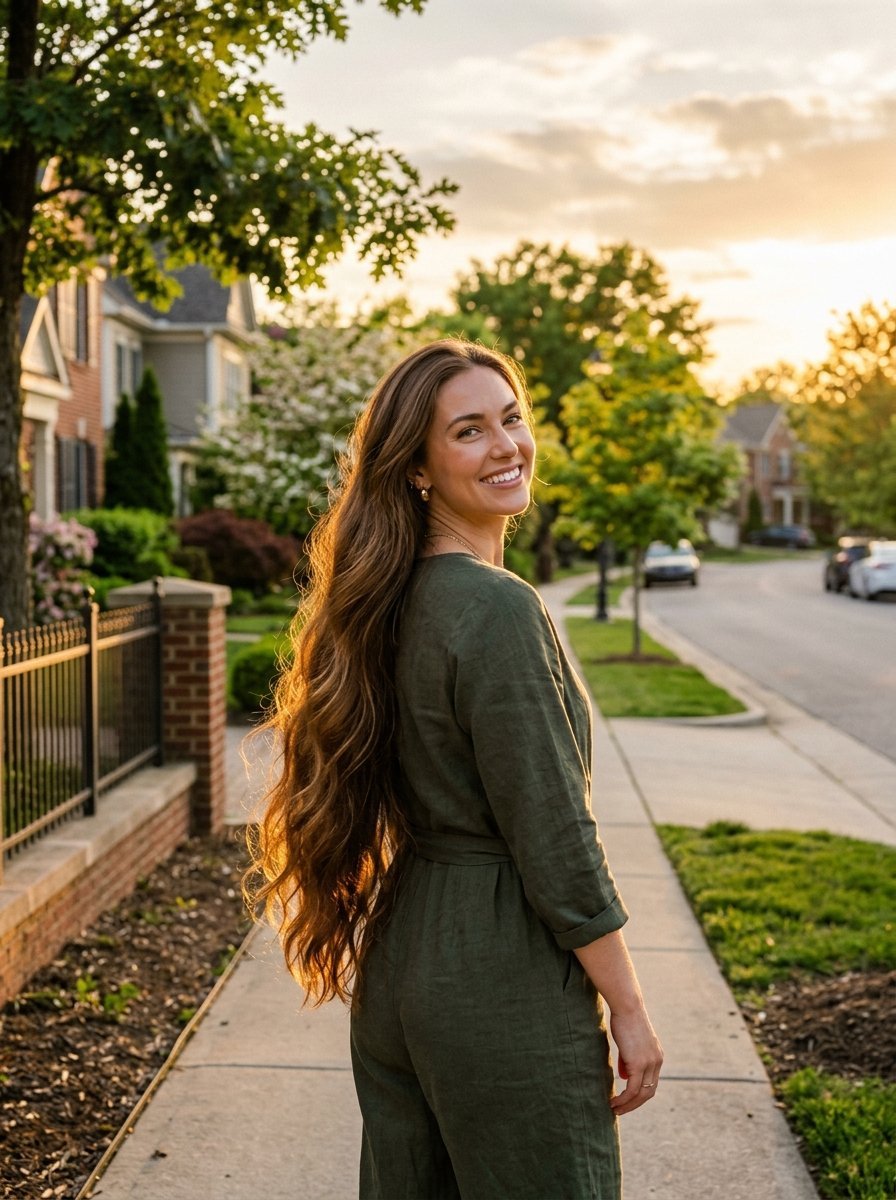 Portrait of a woman wearing a green linen jumpsuit standing on a suburban sidewalk during golden hour.