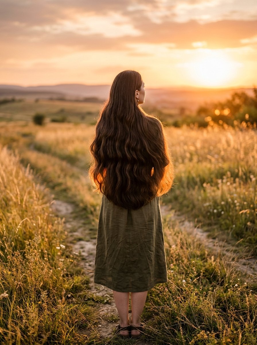 Back view of a woman with long wavy brown hair wearing a green dress in a meadow at golden hour sunset.