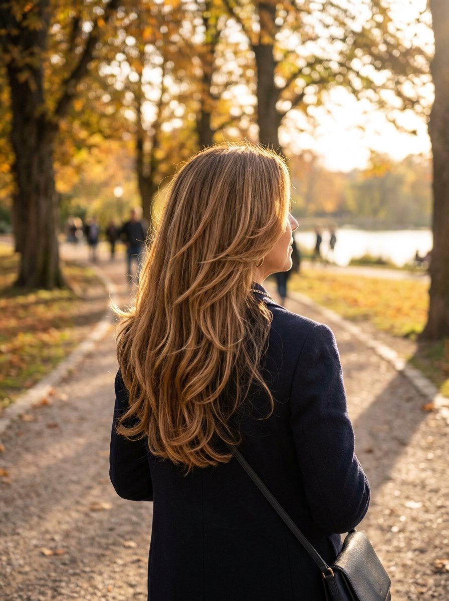 A woman with long wavy brown hair seen from behind, wearing a navy coat, strolling down a sunlit park path.