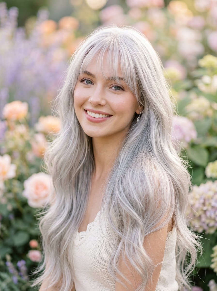 Close up portrait of a girl with wavy platinum hair and bangs smiling against a background of soft pastel flowers.
