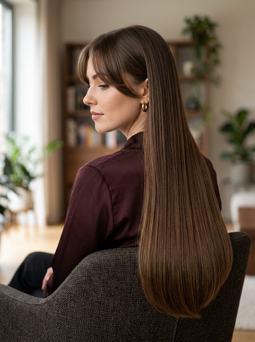 Profile view of a woman with very long, straight dark hair wearing a maroon top and gold hoop earrings.