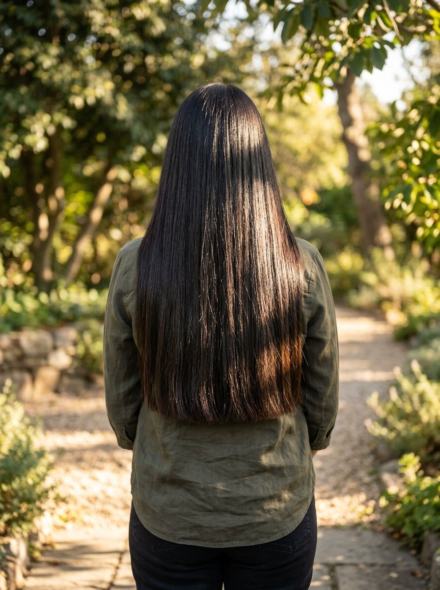 A person viewed from behind with very long, sleek, dark hair standing in a sunlit garden.
