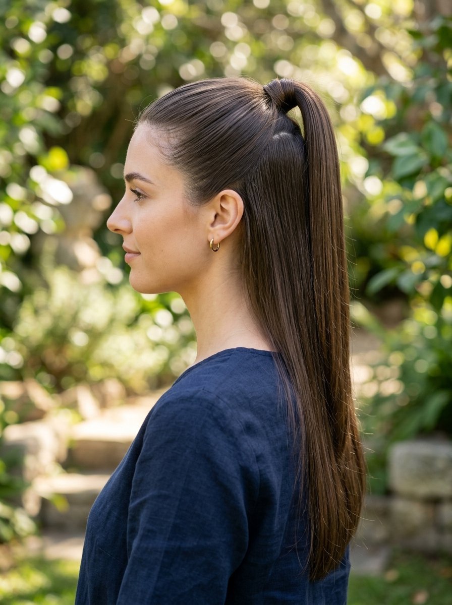 Side profile of a young woman with long, straight brown hair styled in a high, polished ponytail.