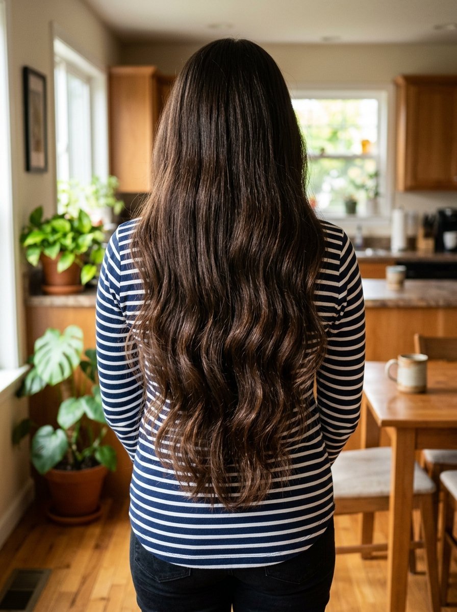 A woman facing away from the camera, showcasing her thick, wavy dark brown hair while wearing a blue striped shirt.
