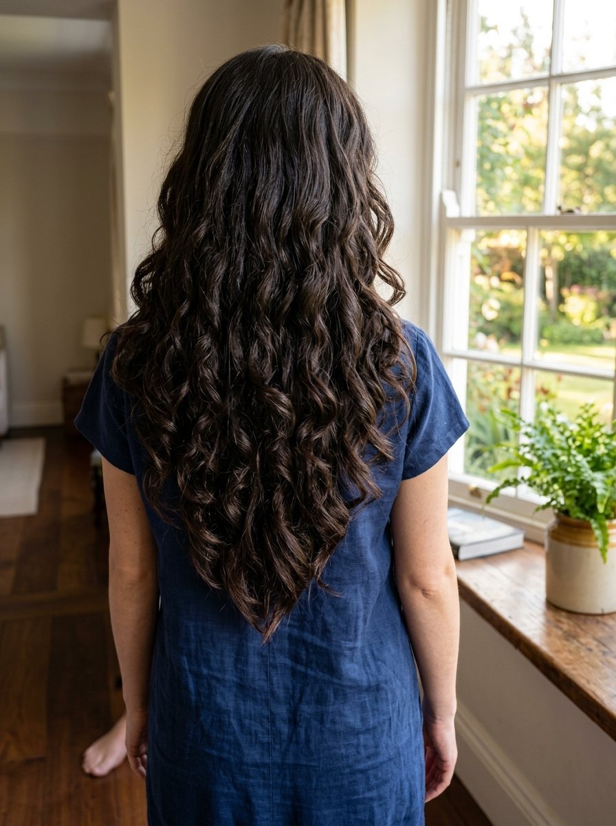 Person with flowing dark brown curls wearing a blue linen dress near a window.