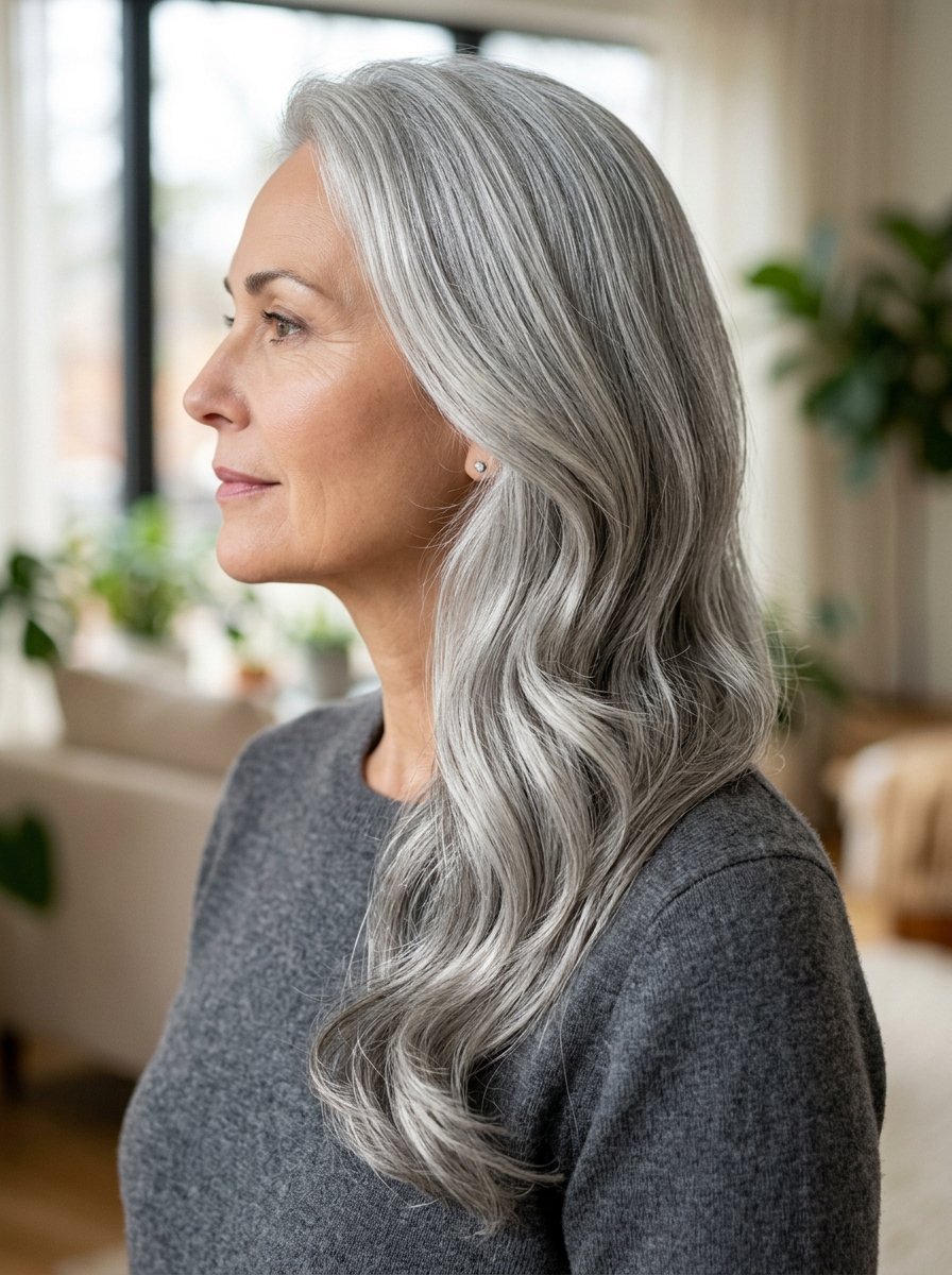 Close up side profile of a middle-aged woman with natural silver wavy hair wearing a grey sweater.