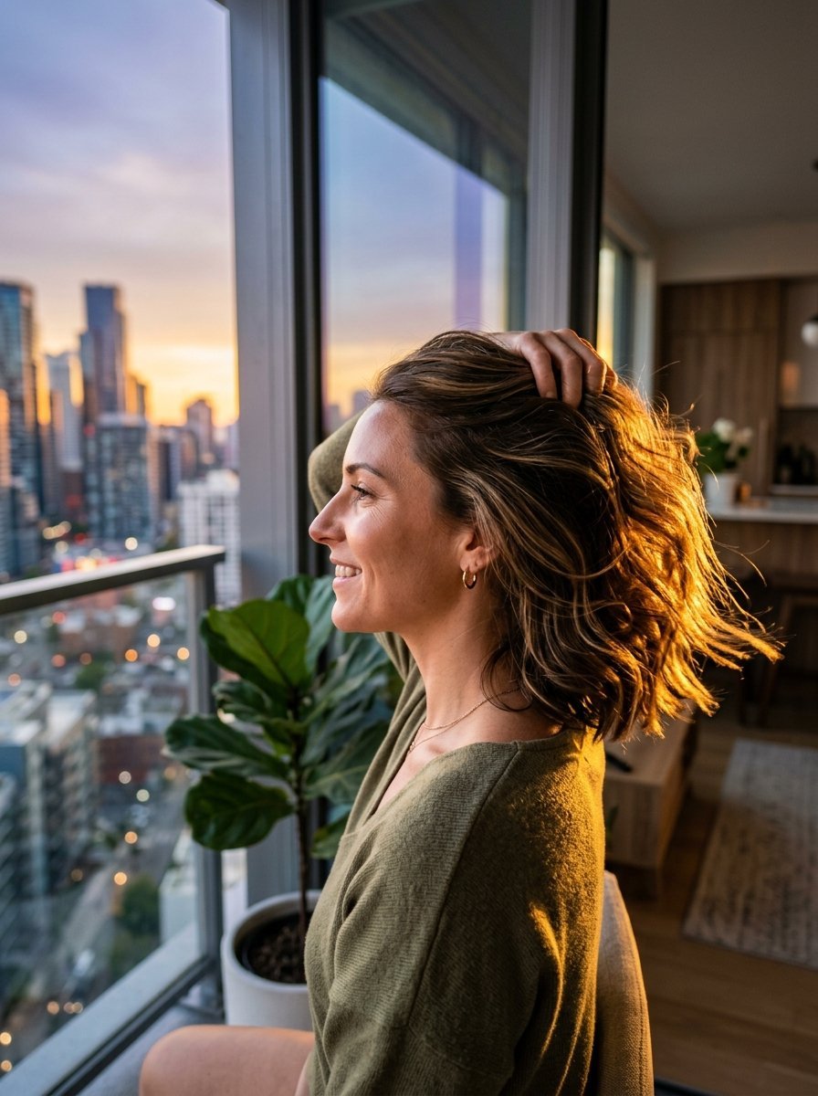 Profile view of a woman with highlighted hair touching her hair while looking out a window at a golden city skyline.