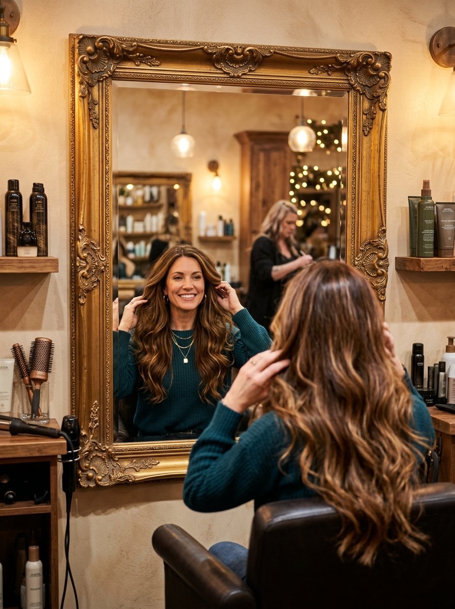 Woman in a green sweater smiling at her reflection in an ornate gold salon mirror.